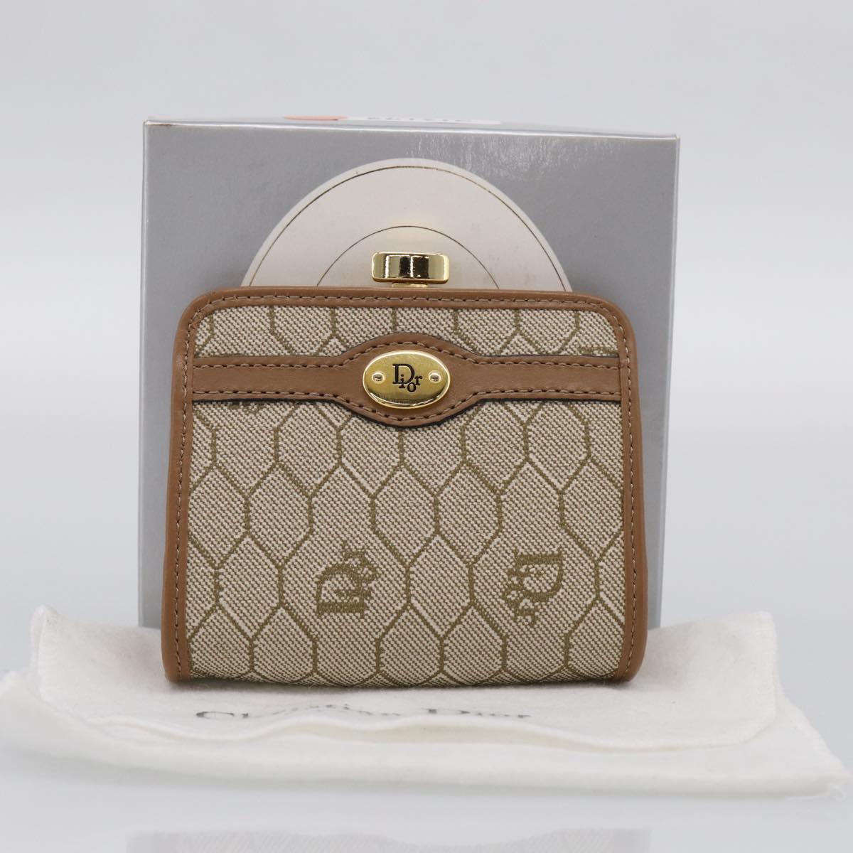 Christian Dior Honeycomb Canvas Coin Purse PVC Leather Beige Gold Auth 213179M