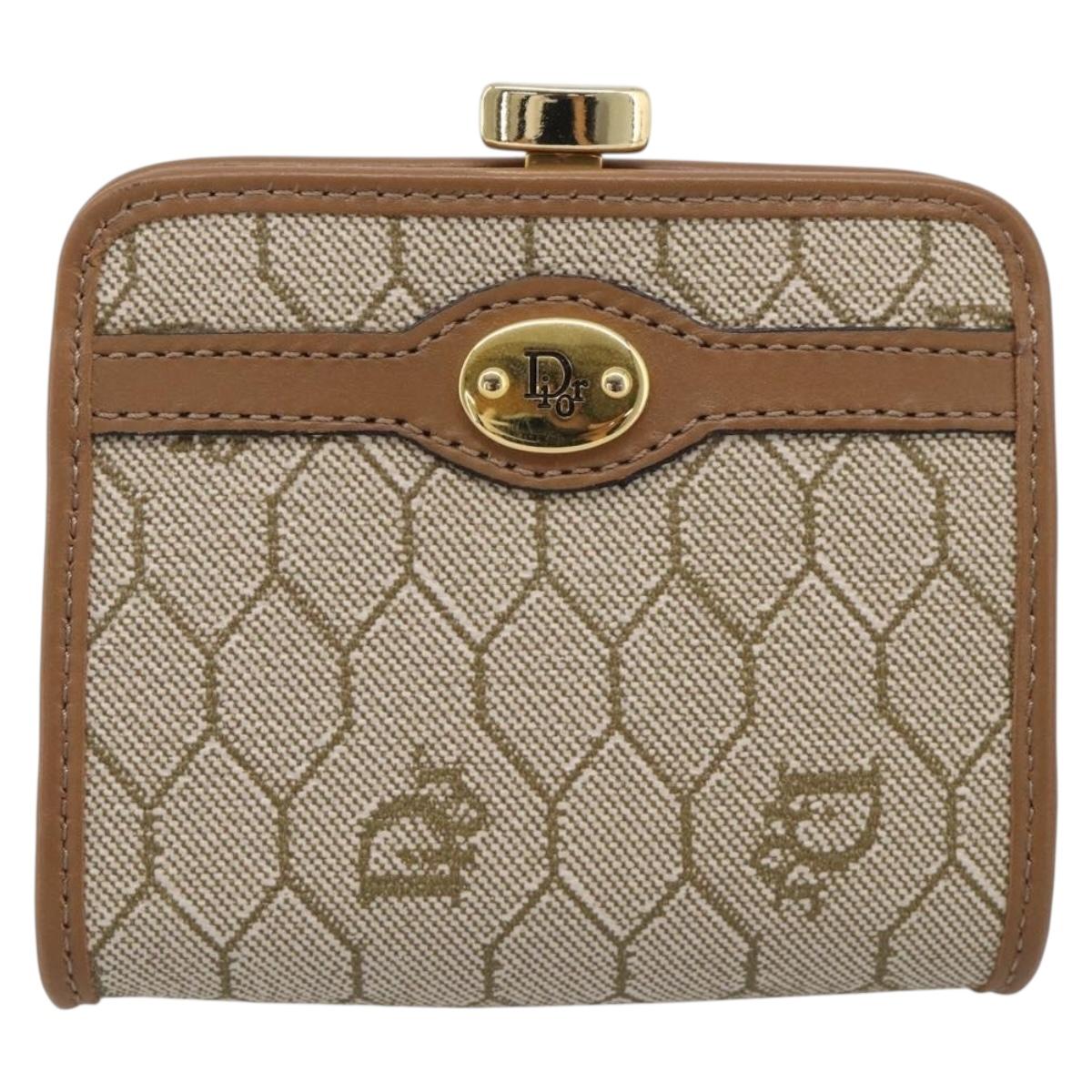 Christian Dior Honeycomb Canvas Coin Purse PVC Leather Beige Gold Auth 213179M