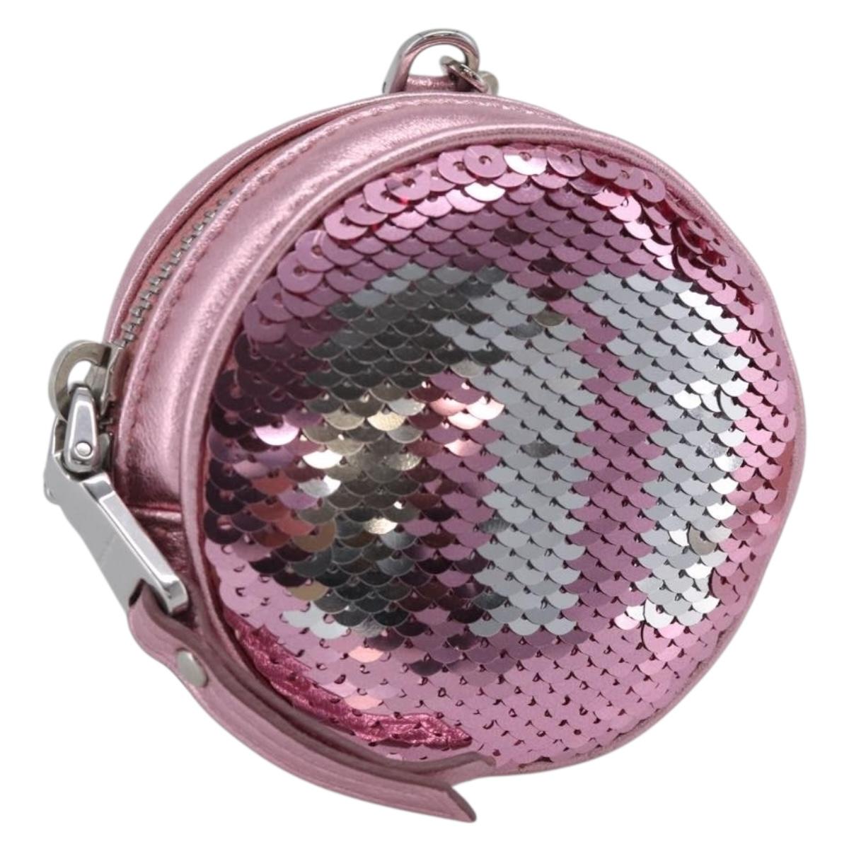 Miu Miu Key Holder Pouch Leather Sequins Pink Silver Auth 213189M