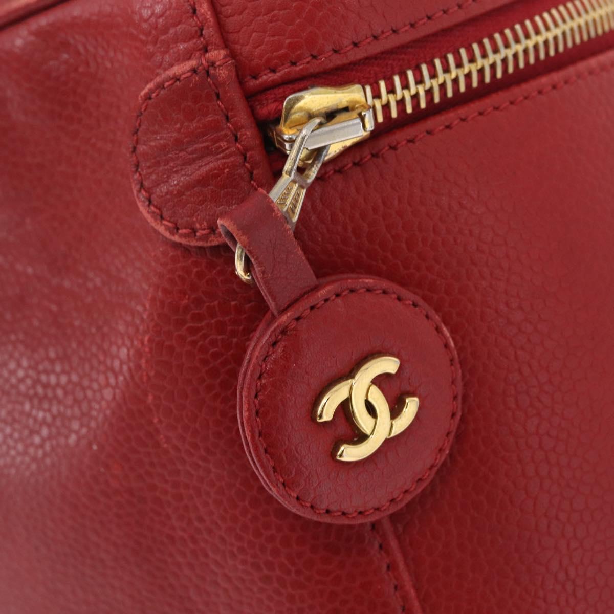 CHANEL Vanity Hand Bag Caviar Skin Red Gold CC Auth 213199A