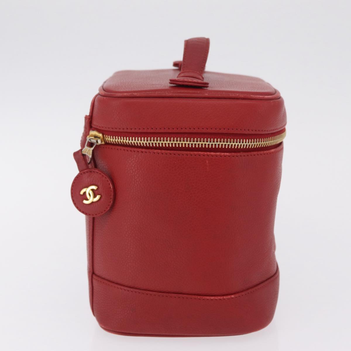 CHANEL Vanity Hand Bag Caviar Skin Red Gold CC Auth 213199A