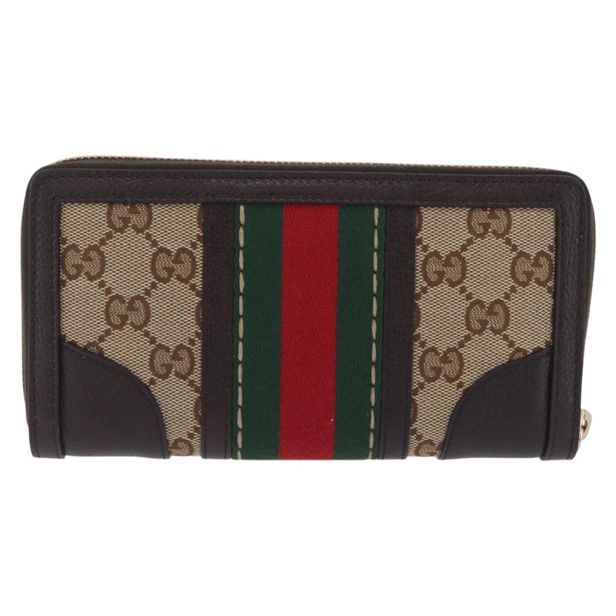 GUCCI GG Canvas Web Sherry Line Long Wallet Beige Gold 406754 Auth 213254V