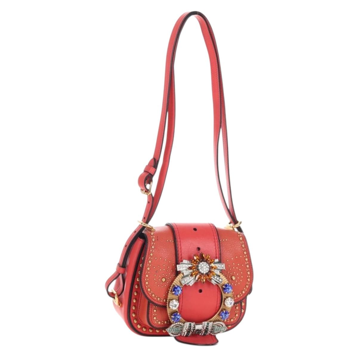 Miu Miu Madras Shoulder Bag Leather Orange Gold Auth 213292M