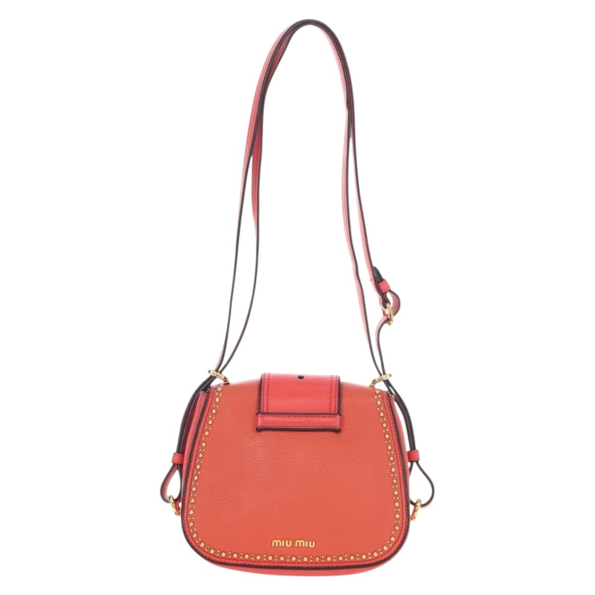 Miu Miu Madras Shoulder Bag Leather Orange Gold Auth 213292M