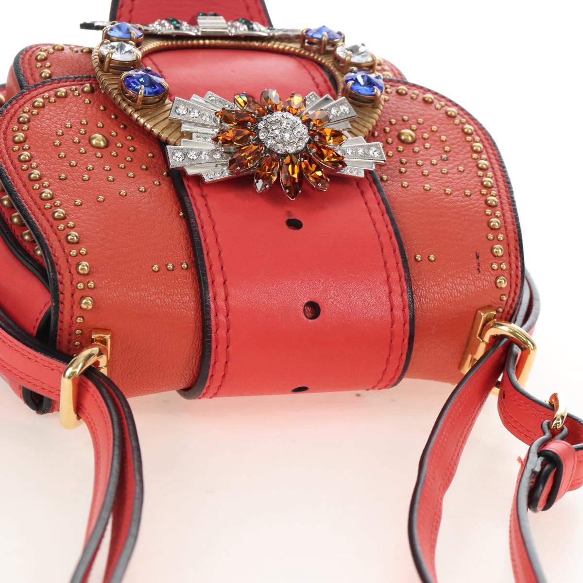 Miu Miu Madras Shoulder Bag Leather Orange Gold Auth 213292M