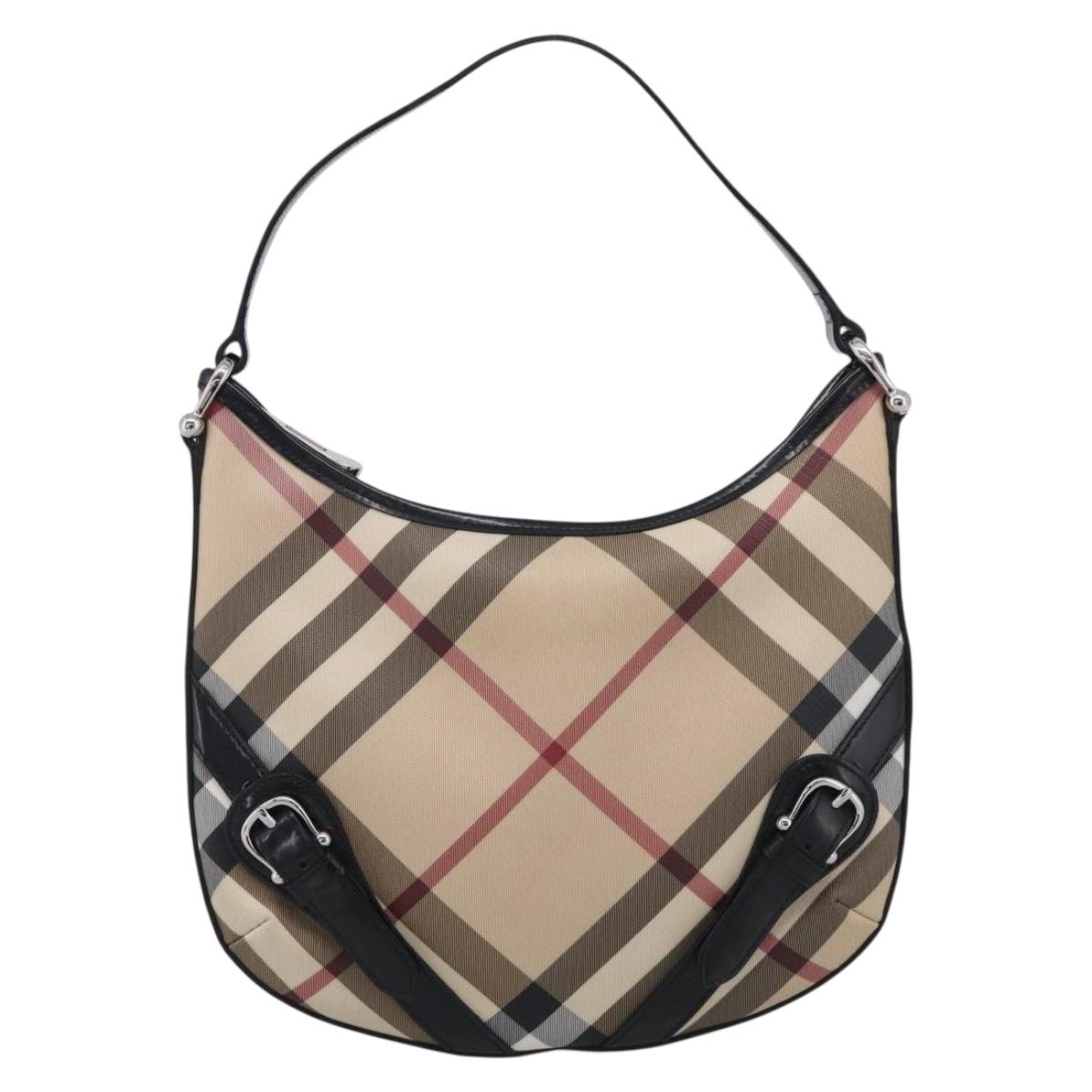 BURBERRY Nova Check Shoulder Bag PVC Beige Silver Auth 213298A
