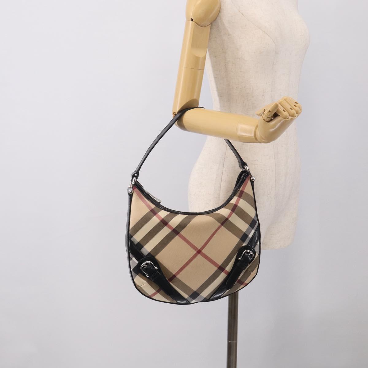 BURBERRY Nova Check Shoulder Bag PVC Beige Silver Auth 213298A
