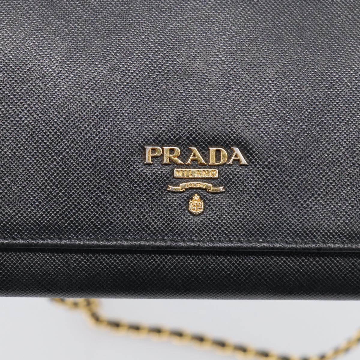 PRADA Chain Shoulder Wallet Saffiano leather Black Gold Auth 213310