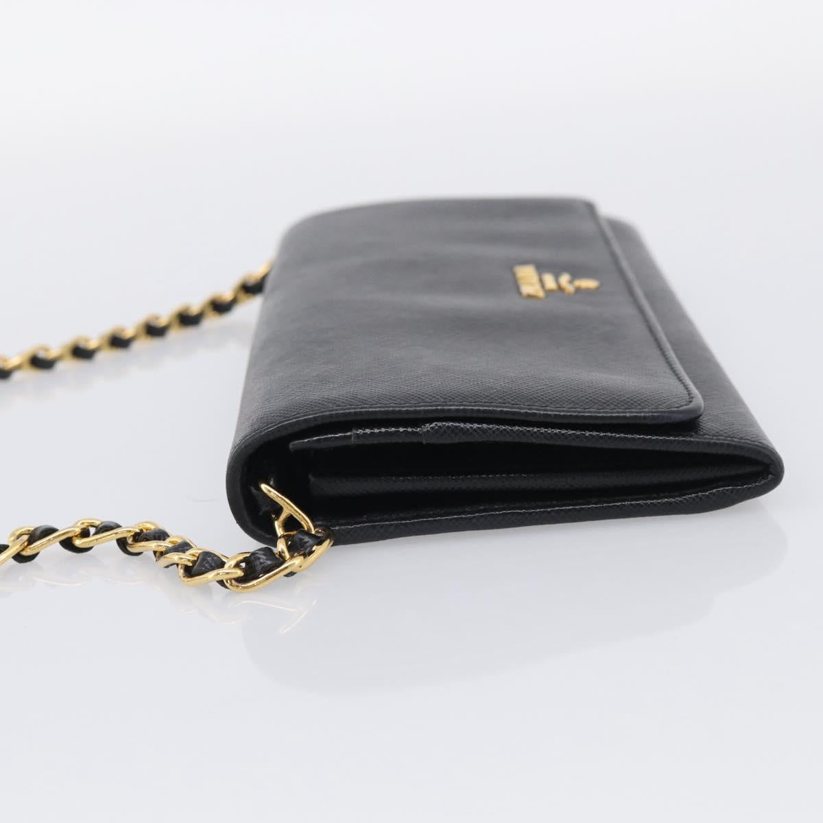 PRADA Chain Shoulder Wallet Saffiano leather Black Gold Auth 213310
