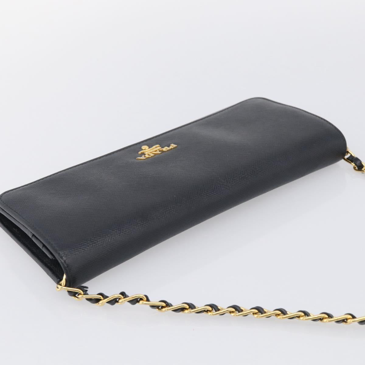 PRADA Chain Shoulder Wallet Saffiano leather Black Gold Auth 213310