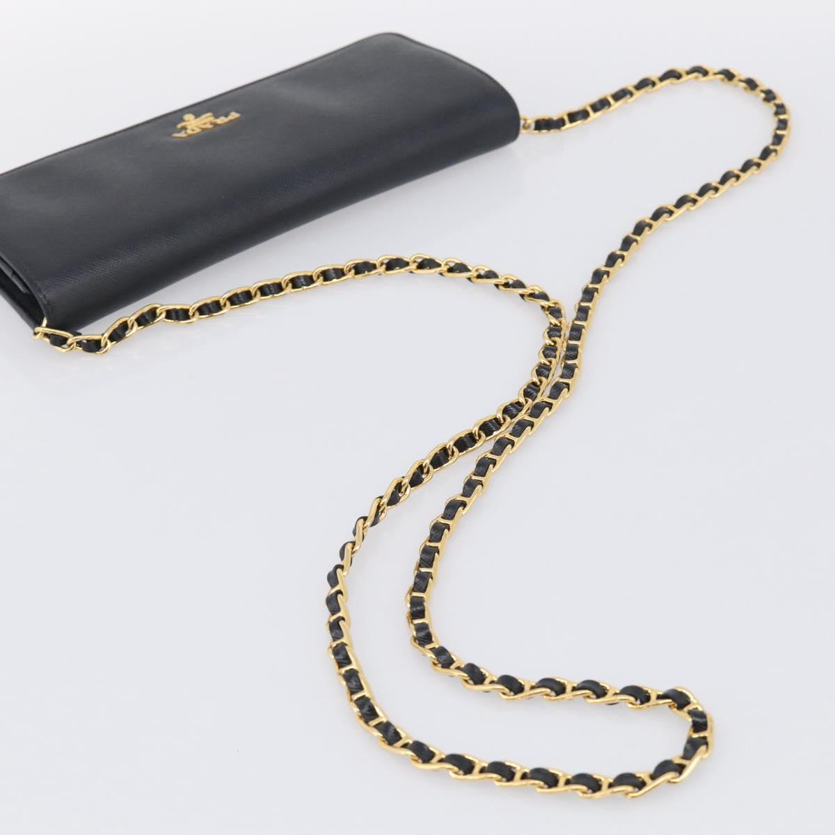 PRADA Chain Shoulder Wallet Saffiano leather Black Gold Auth 213310