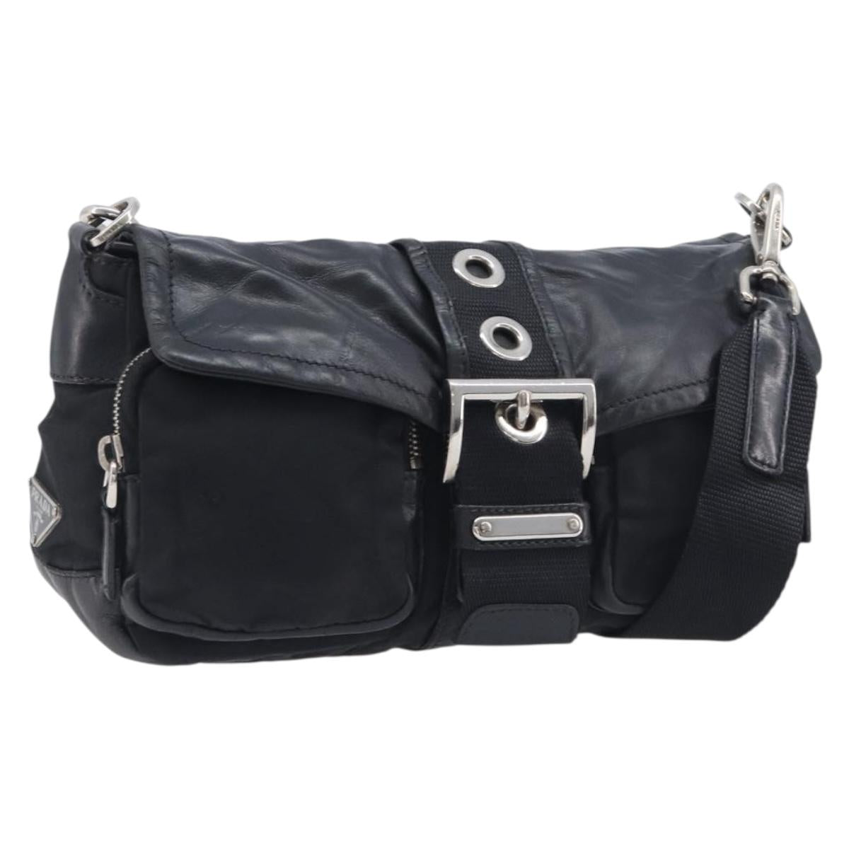 PRADA Shoulder Bag Nylon Leather Black Silver Auth 213330