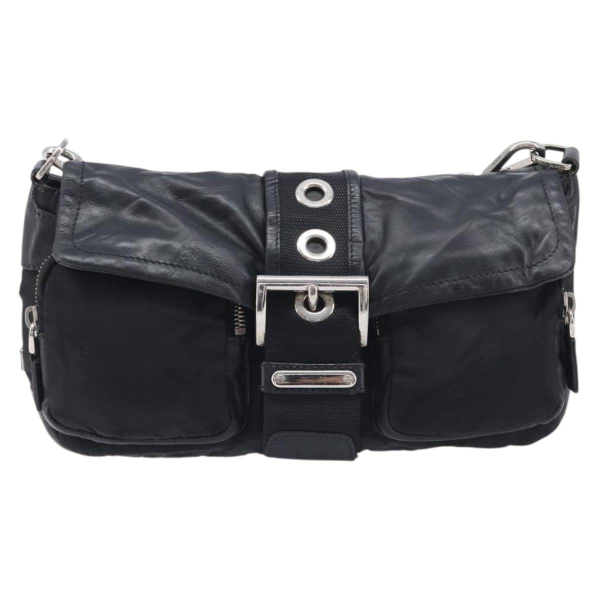 PRADA Shoulder Bag Nylon Leather Black Silver Auth 213330