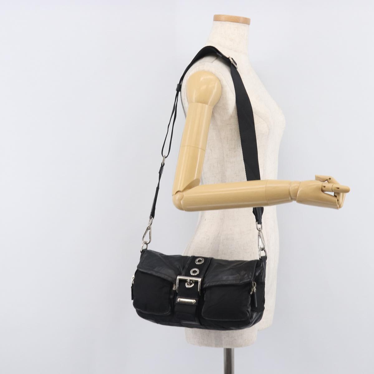 PRADA Shoulder Bag Nylon Leather Black Silver Auth 213330