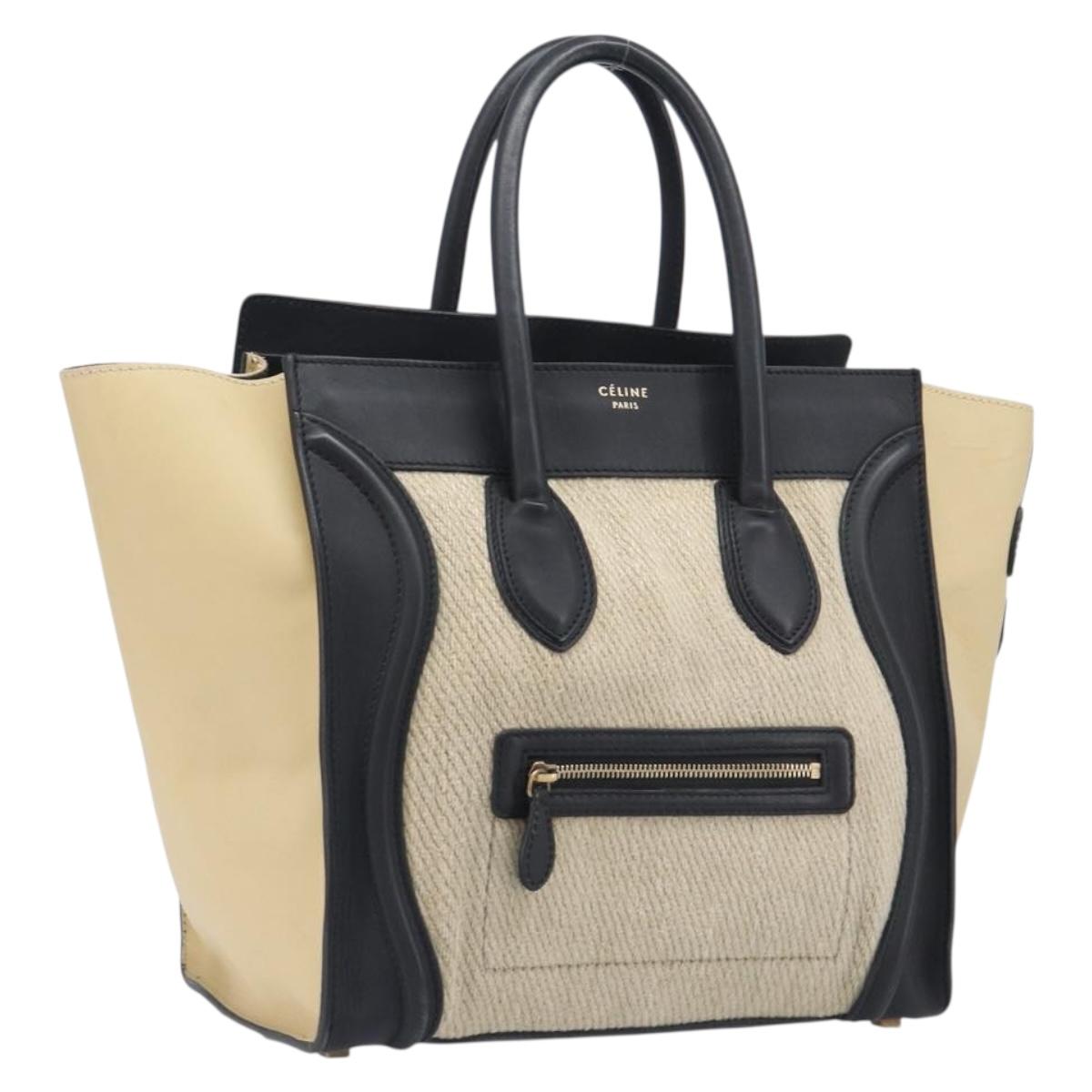 CELINE Luggage Mini Shopper Hand Bag Leather Canvas Beige Gold Auth 213334