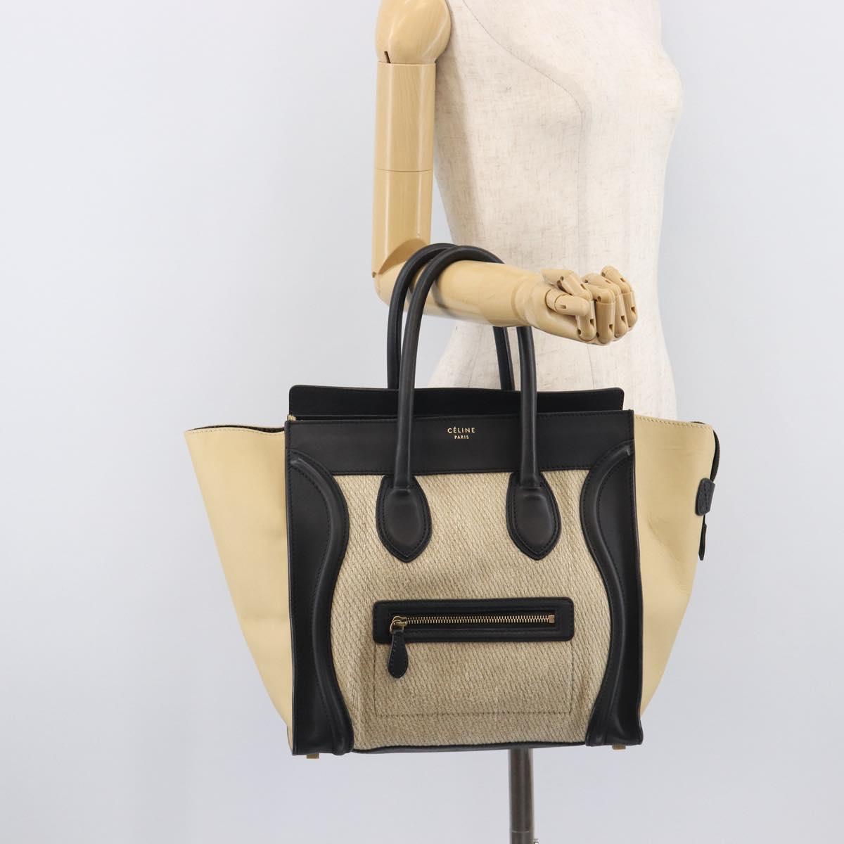 CELINE Luggage Mini Shopper Hand Bag Leather Canvas Beige Gold Auth 213334