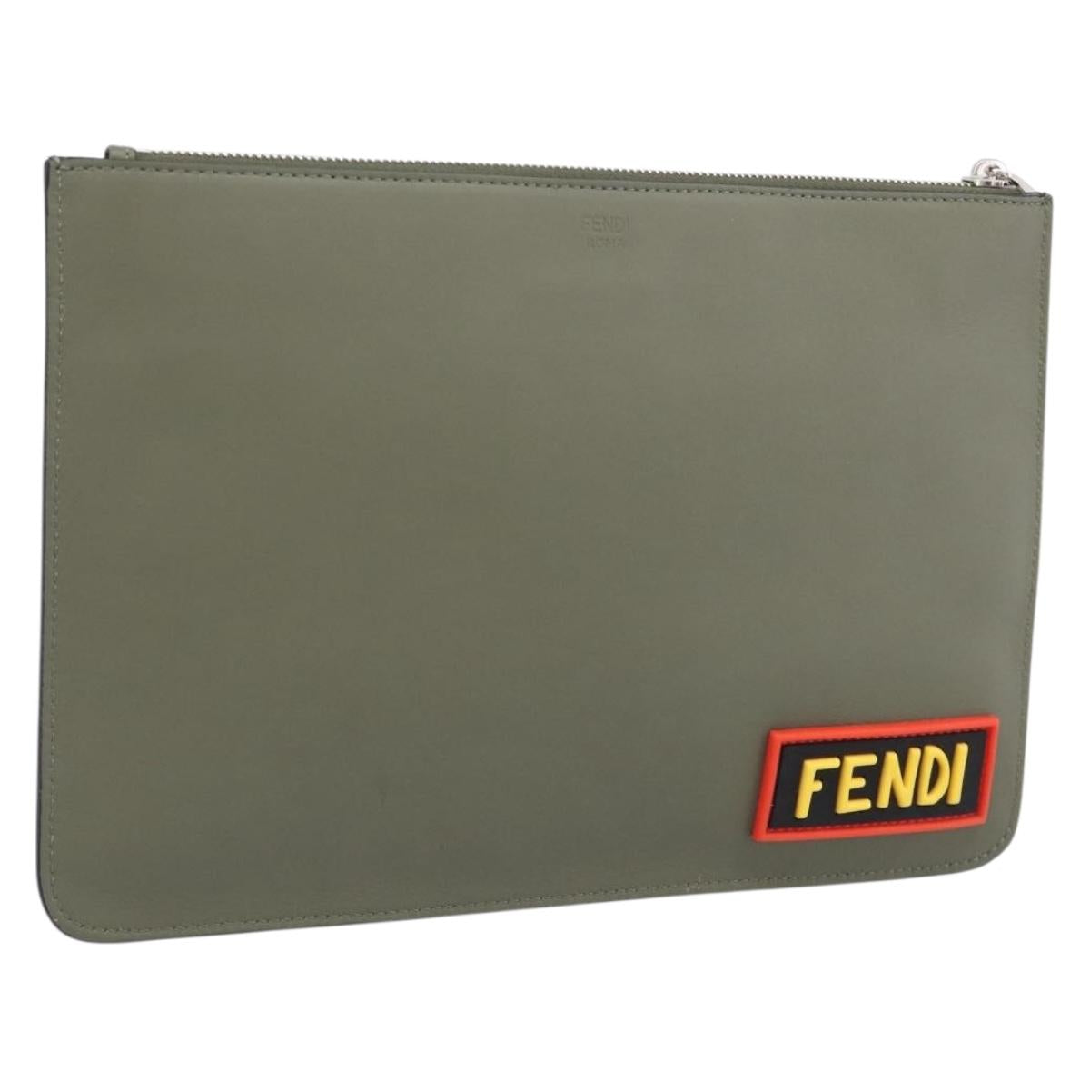 FENDI Clutch Bag Leather Khaki Silver 7N0078 Auth 213341