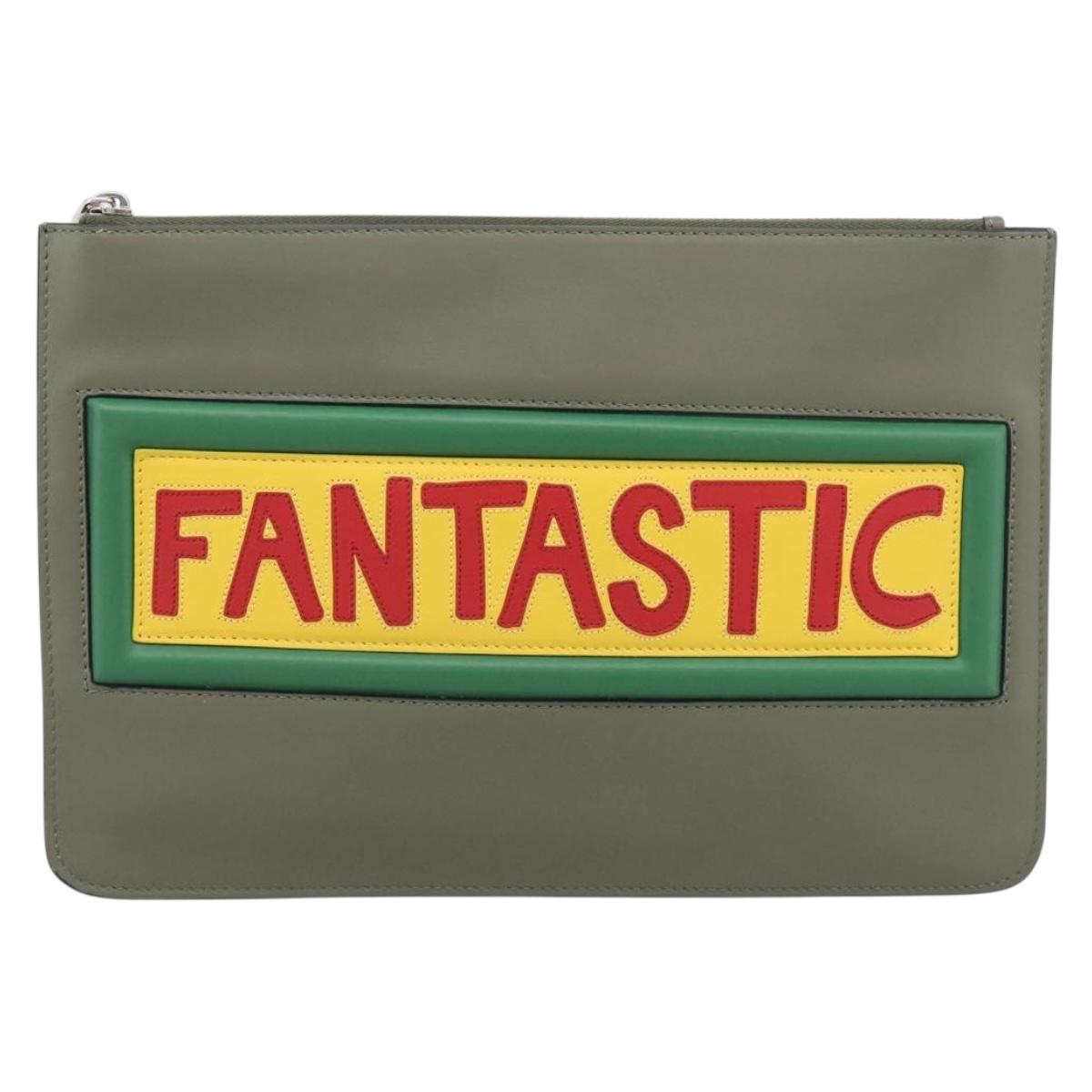FENDI Clutch Bag Leather Khaki Silver 7N0078 Auth 213341