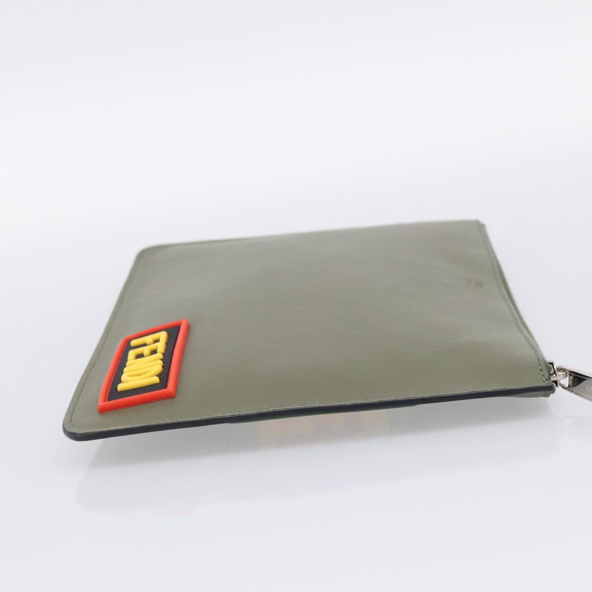 FENDI Clutch Bag Leather Khaki Silver 7N0078 Auth 213341