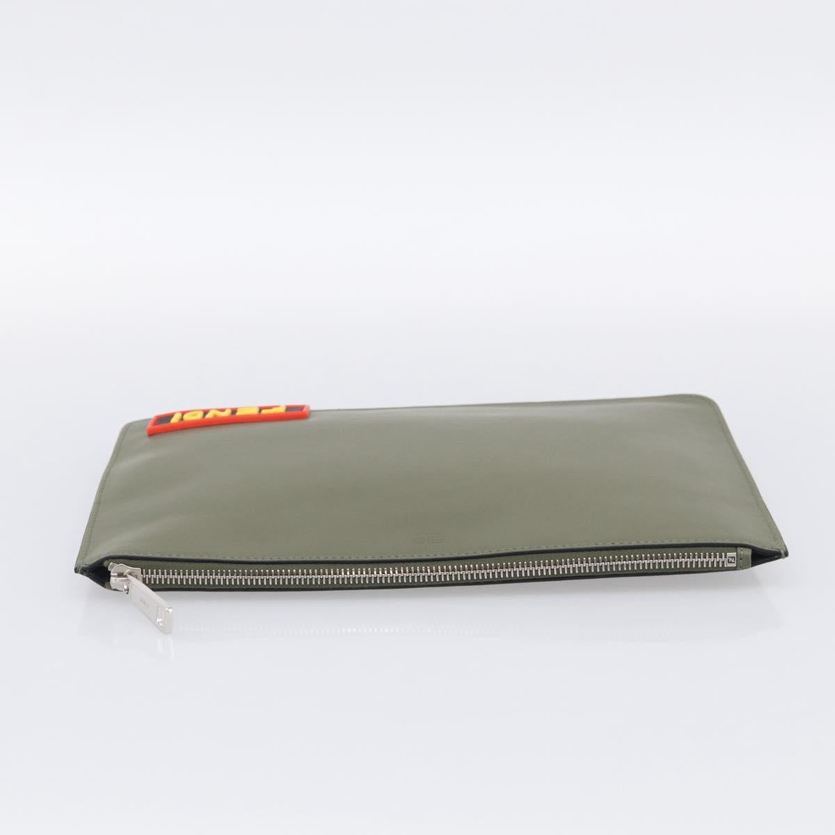 FENDI Clutch Bag Leather Khaki Silver 7N0078 Auth 213341