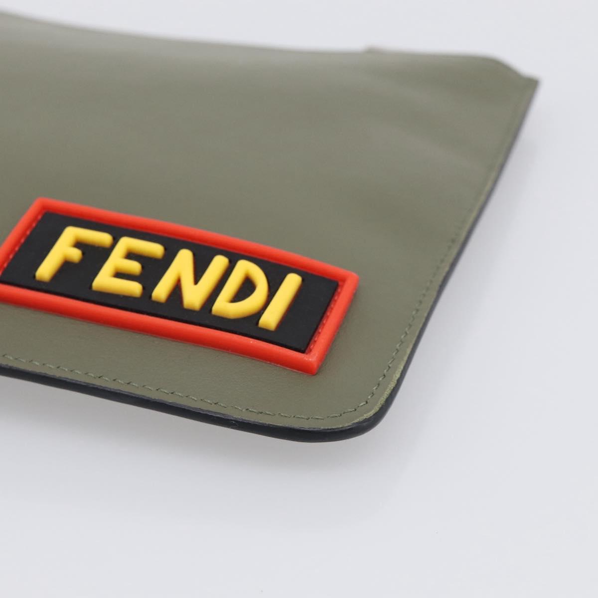 FENDI Clutch Bag Leather Khaki Silver 7N0078 Auth 213341