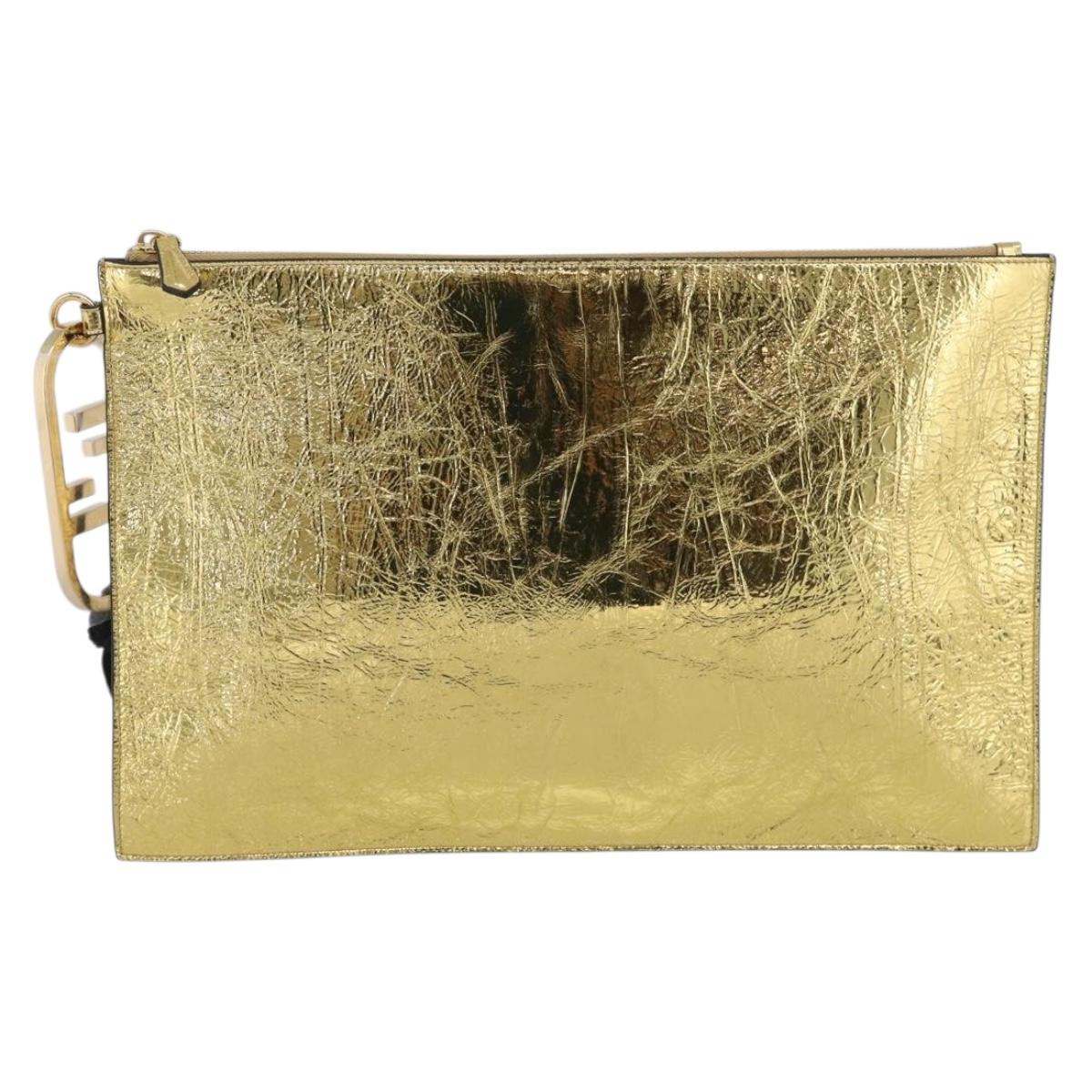 FENDI Clutch Bag Leather Gold 8N0178 Auth 213343V