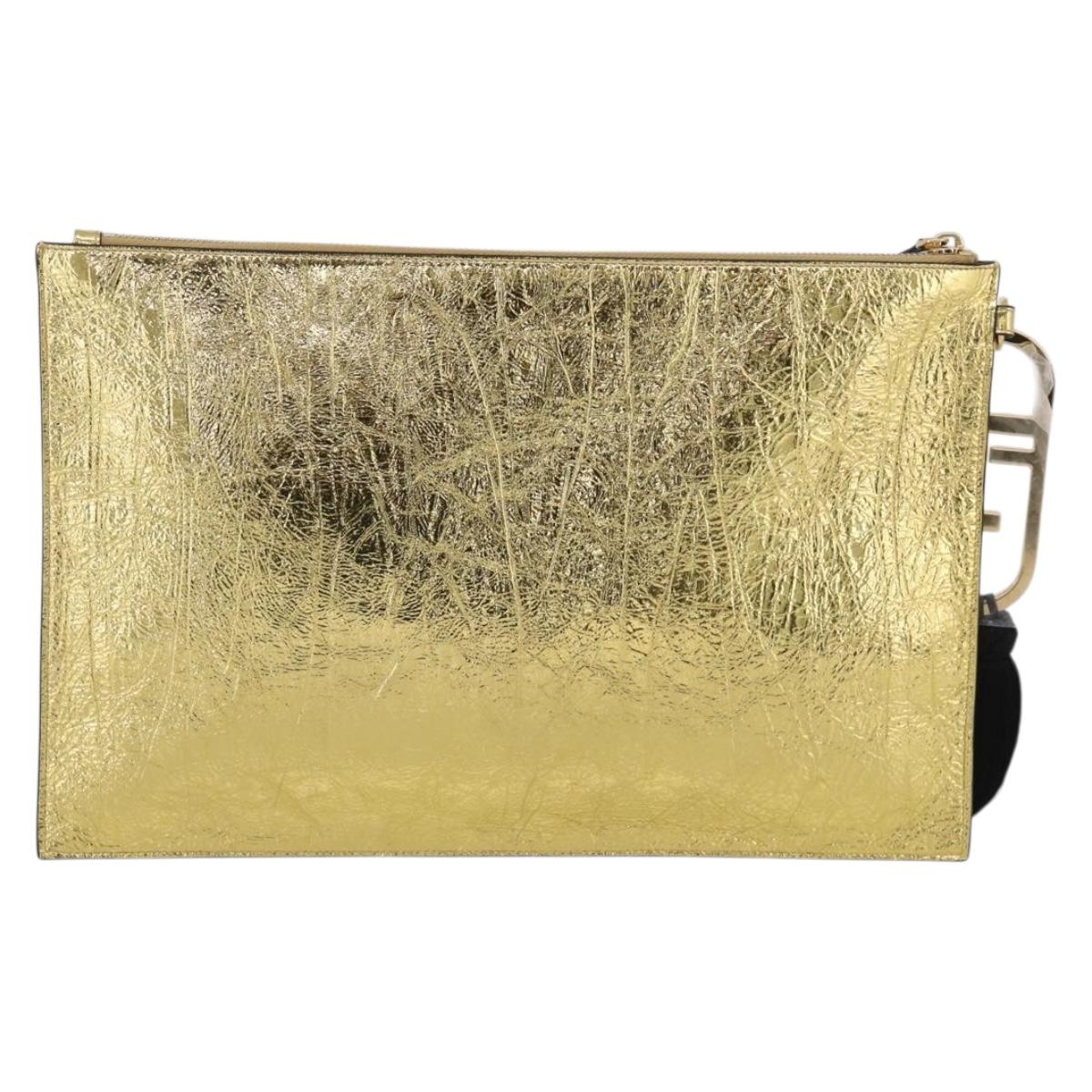 FENDI Clutch Bag Leather Gold 8N0178 Auth 213343V
