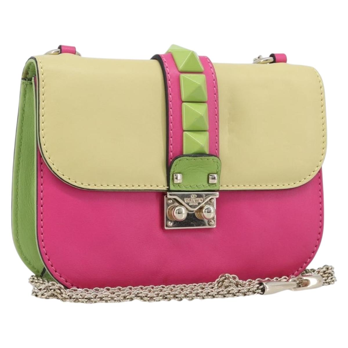 Valentino Chain Shoulder Bag Leather Multicolor Gold Auth 213352A