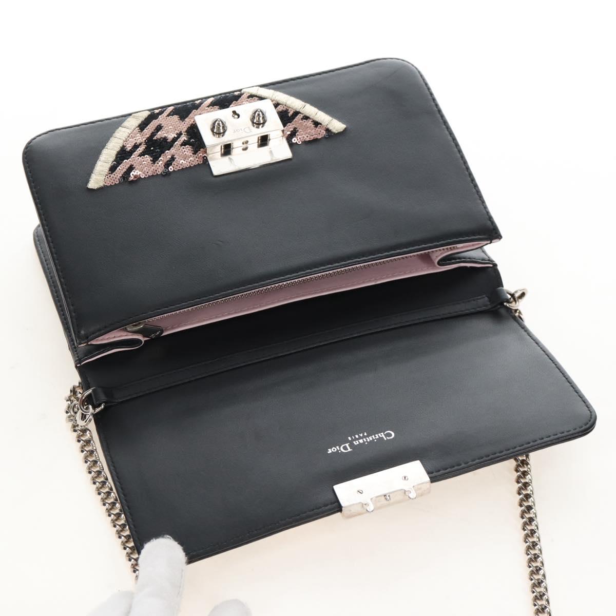Christian Dior Chain Shoulder Bag Leather Black Silver Auth 213360M