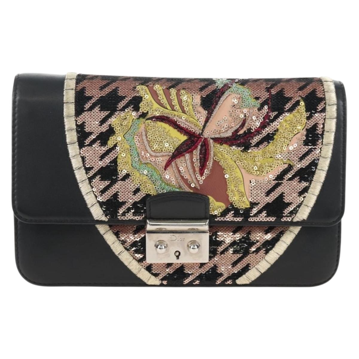 Christian Dior Chain Shoulder Bag Leather Black Silver Auth 213360M