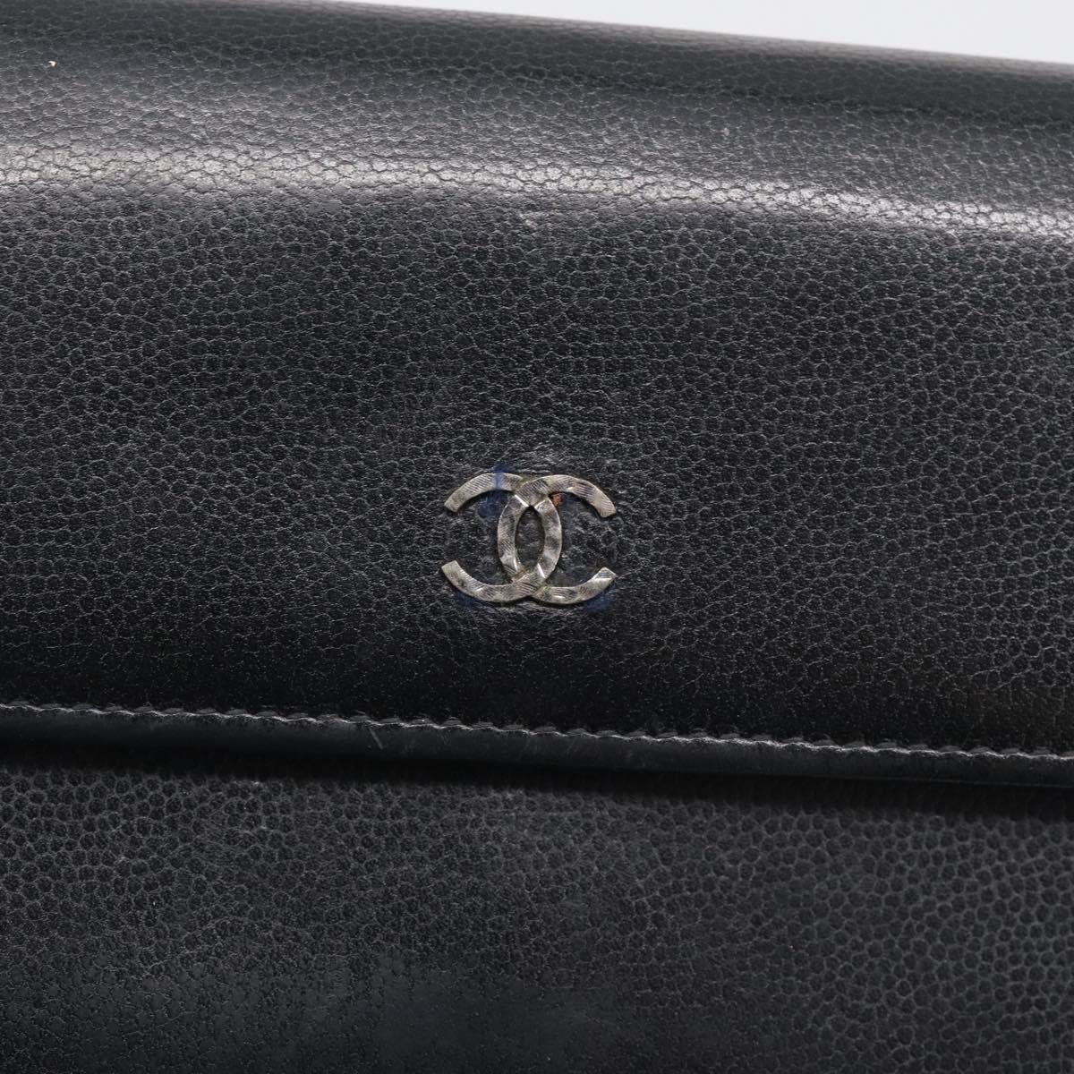 CHANEL Long Wallet Leather Black Silver CC Auth 213365