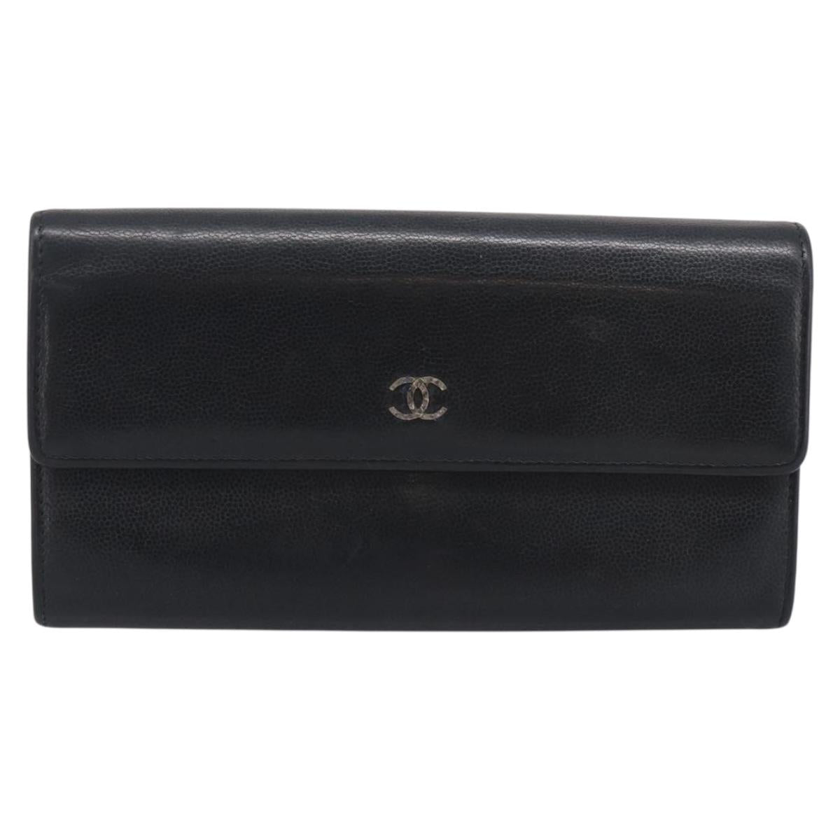 CHANEL Long Wallet Leather Black Silver CC Auth 213365
