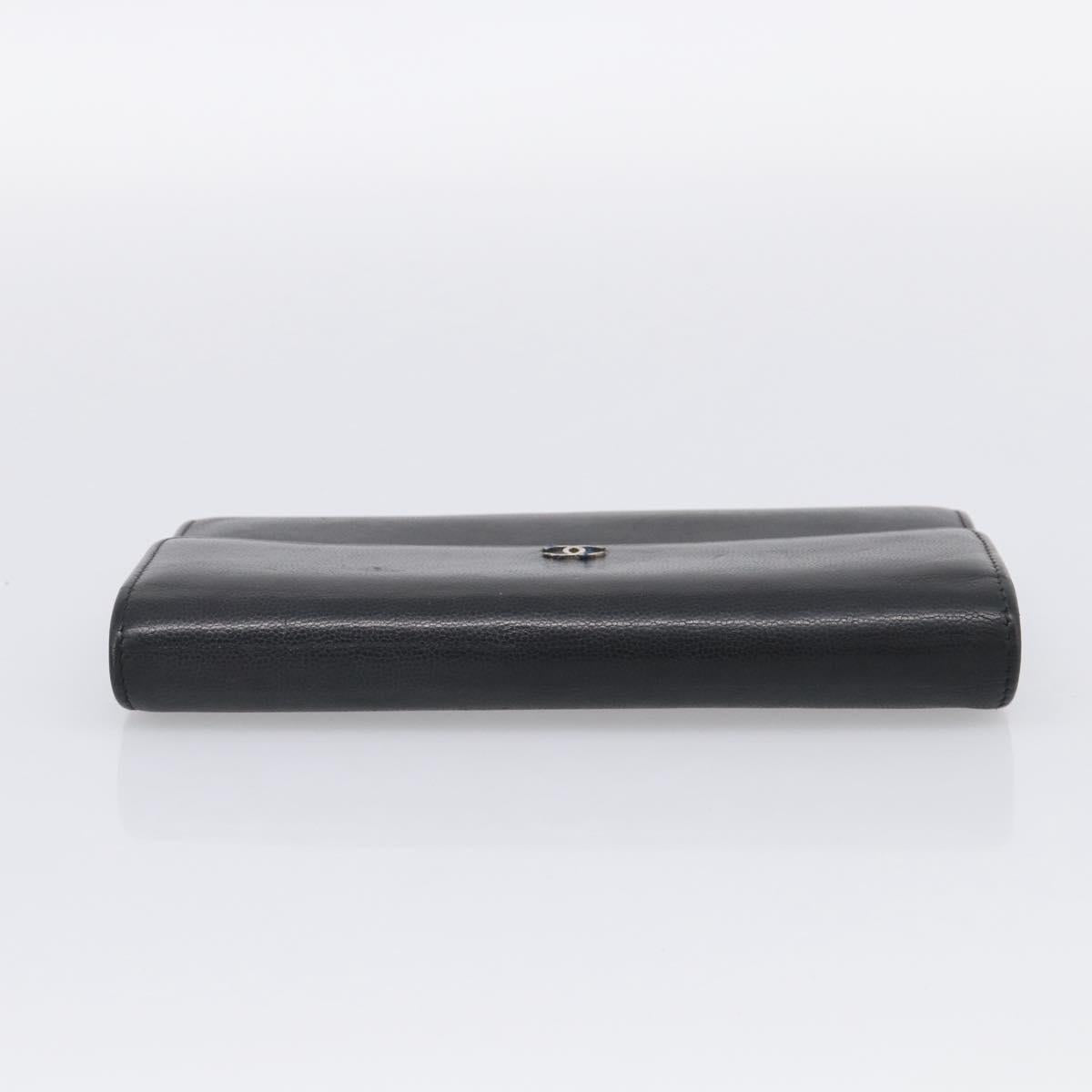 CHANEL Long Wallet Leather Black Silver CC Auth 213365