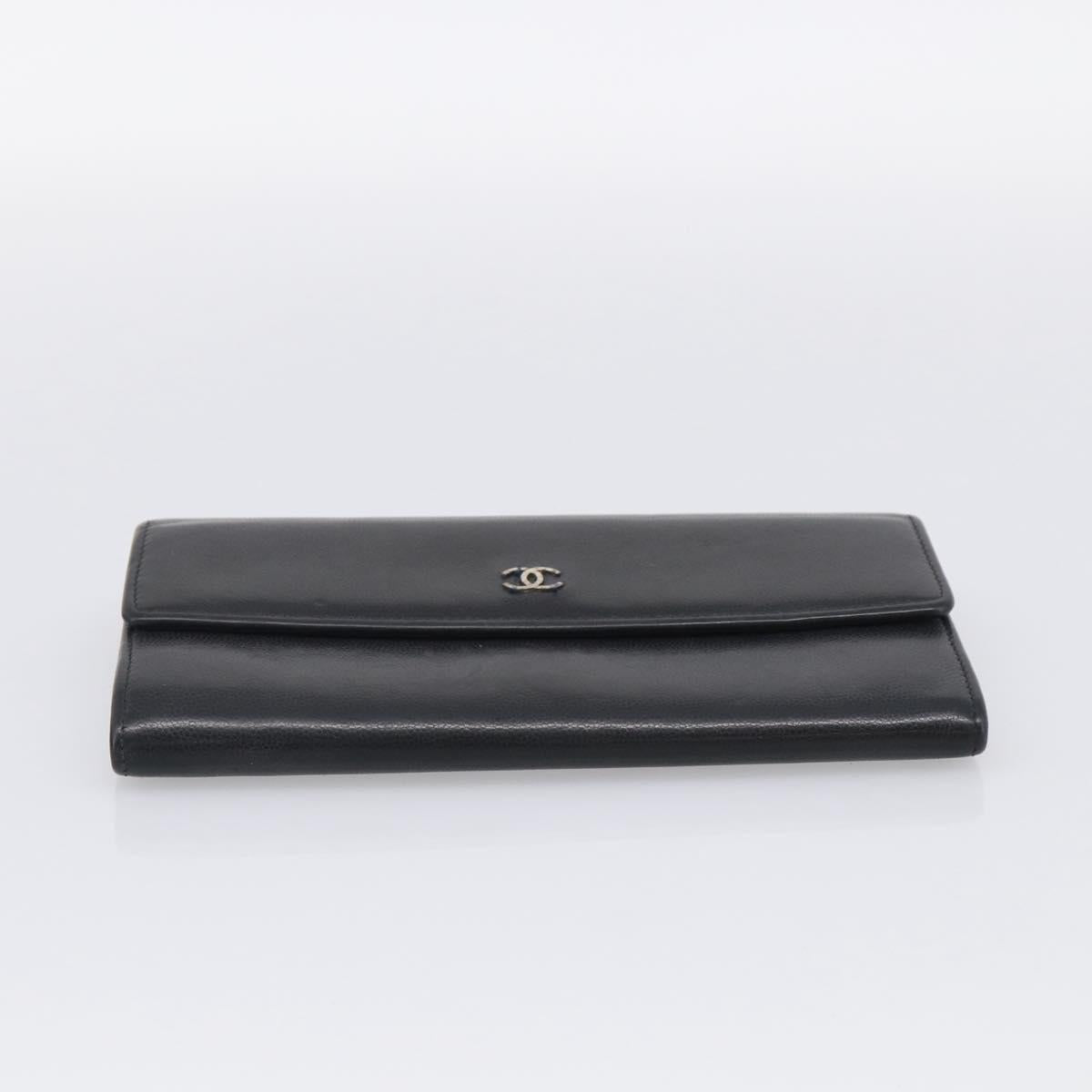 CHANEL Long Wallet Leather Black Silver CC Auth 213365