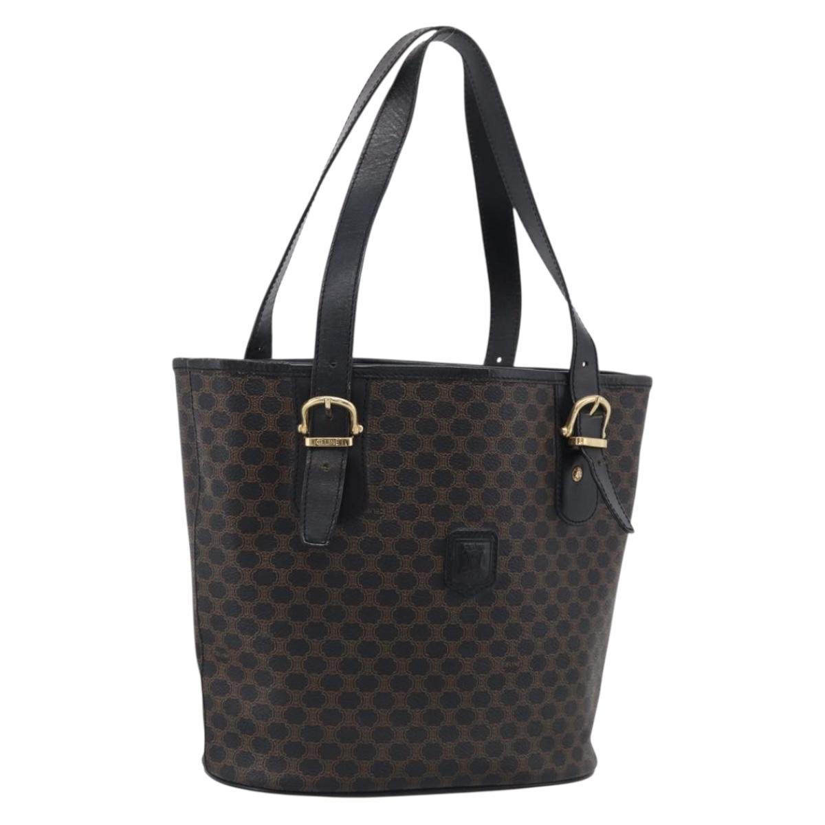 CELINE Macadam Canvas Tote Bag PVC Leather Black Gold Auth 213374