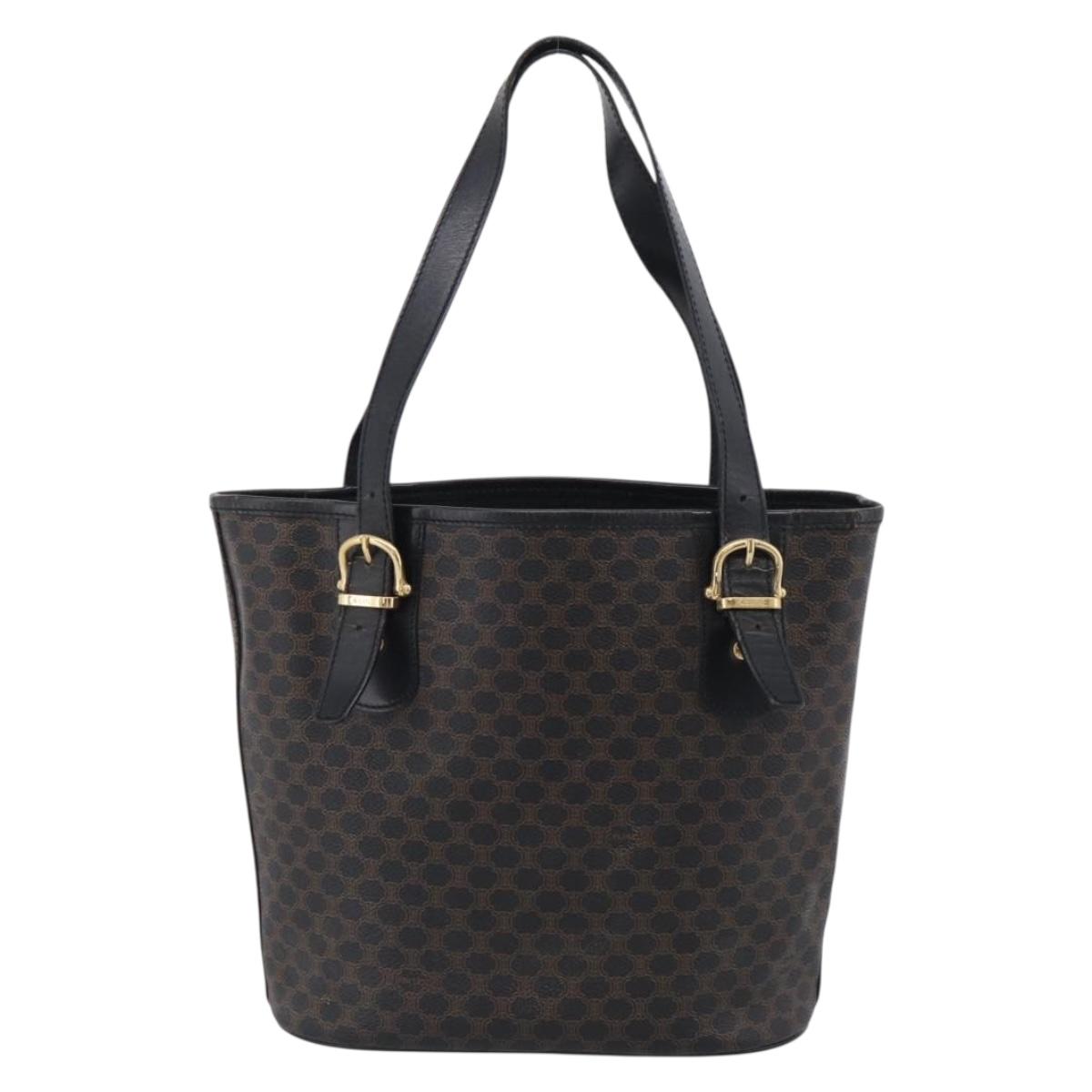 CELINE Macadam Canvas Tote Bag PVC Leather Black Gold Auth 213374