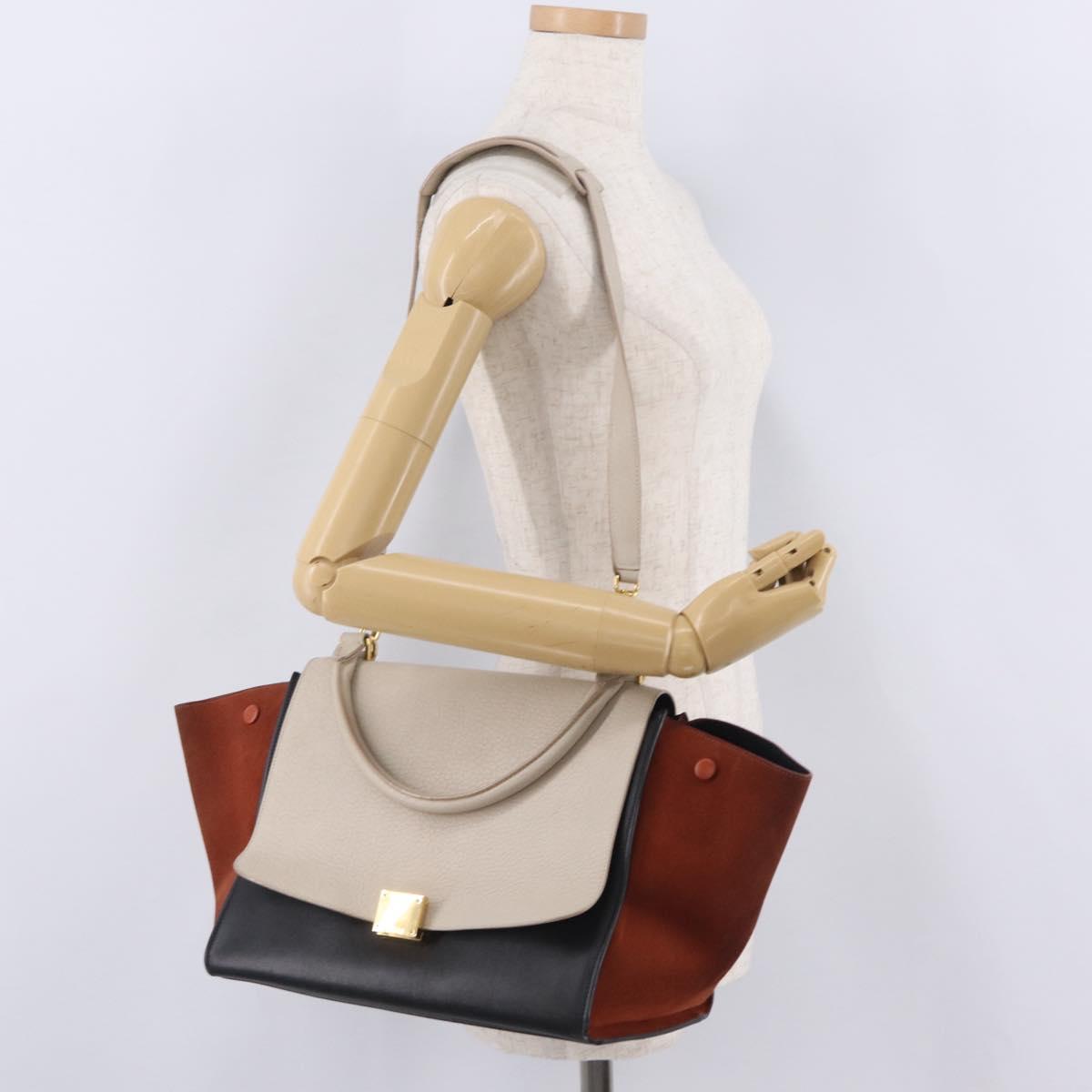 CELINE Trapeze Hand Bag Leather 2way Beige Gold Auth 213382A
