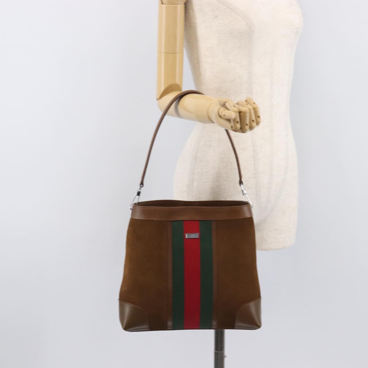 GUCCI Web Sherry Line Shoulder Bag Suede Brown Silver 33900 Auth 213394V