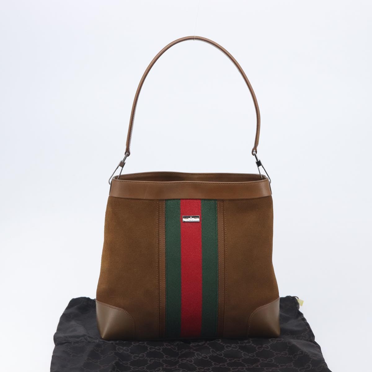 GUCCI Web Sherry Line Shoulder Bag Suede Brown Silver 33900 Auth 213394V