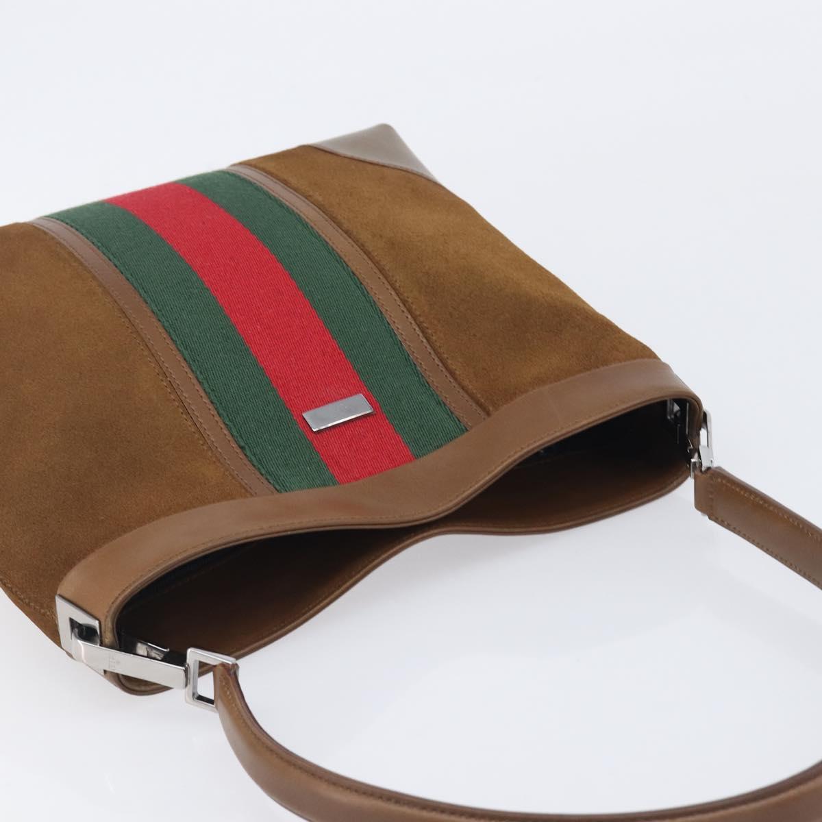 GUCCI Web Sherry Line Shoulder Bag Suede Brown Silver 33900 Auth 213394V