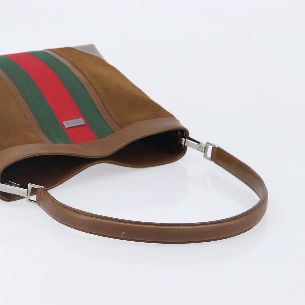 GUCCI Web Sherry Line Shoulder Bag Suede Brown Silver 33900 Auth 213394V