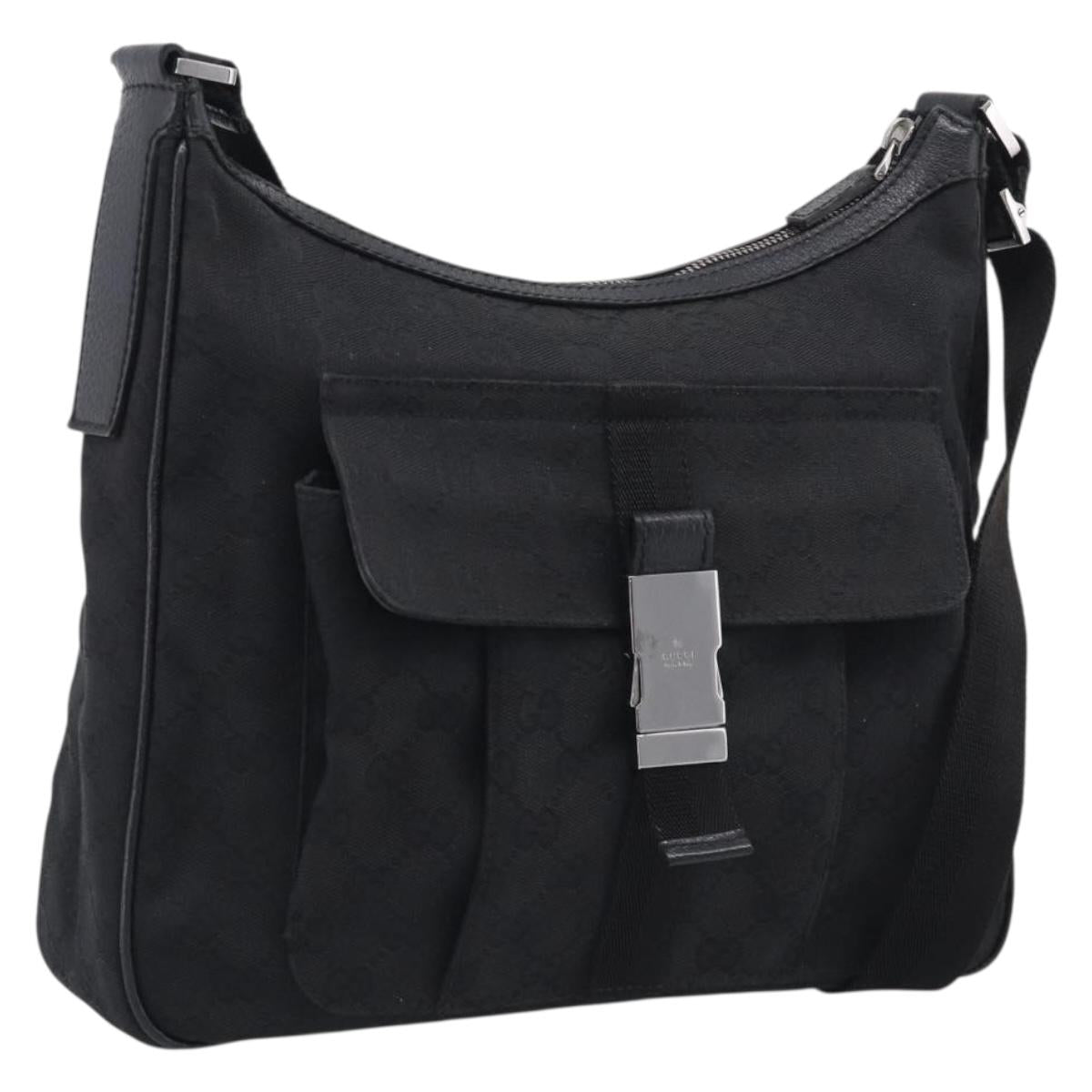 GUCCI GG Canvas Shoulder Bag Black Silver Auth 213397A