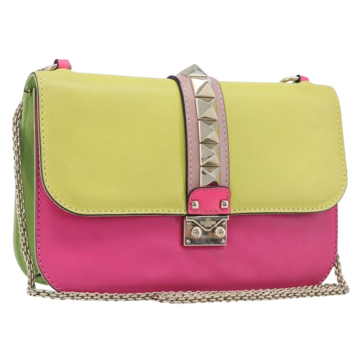 Valentino Chain Shoulder Bag Leather Yellow Gold Auth 213418A