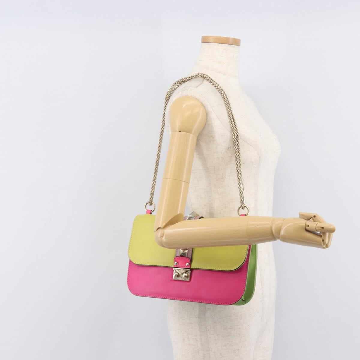 Valentino Chain Shoulder Bag Leather Yellow Gold Auth 213418A
