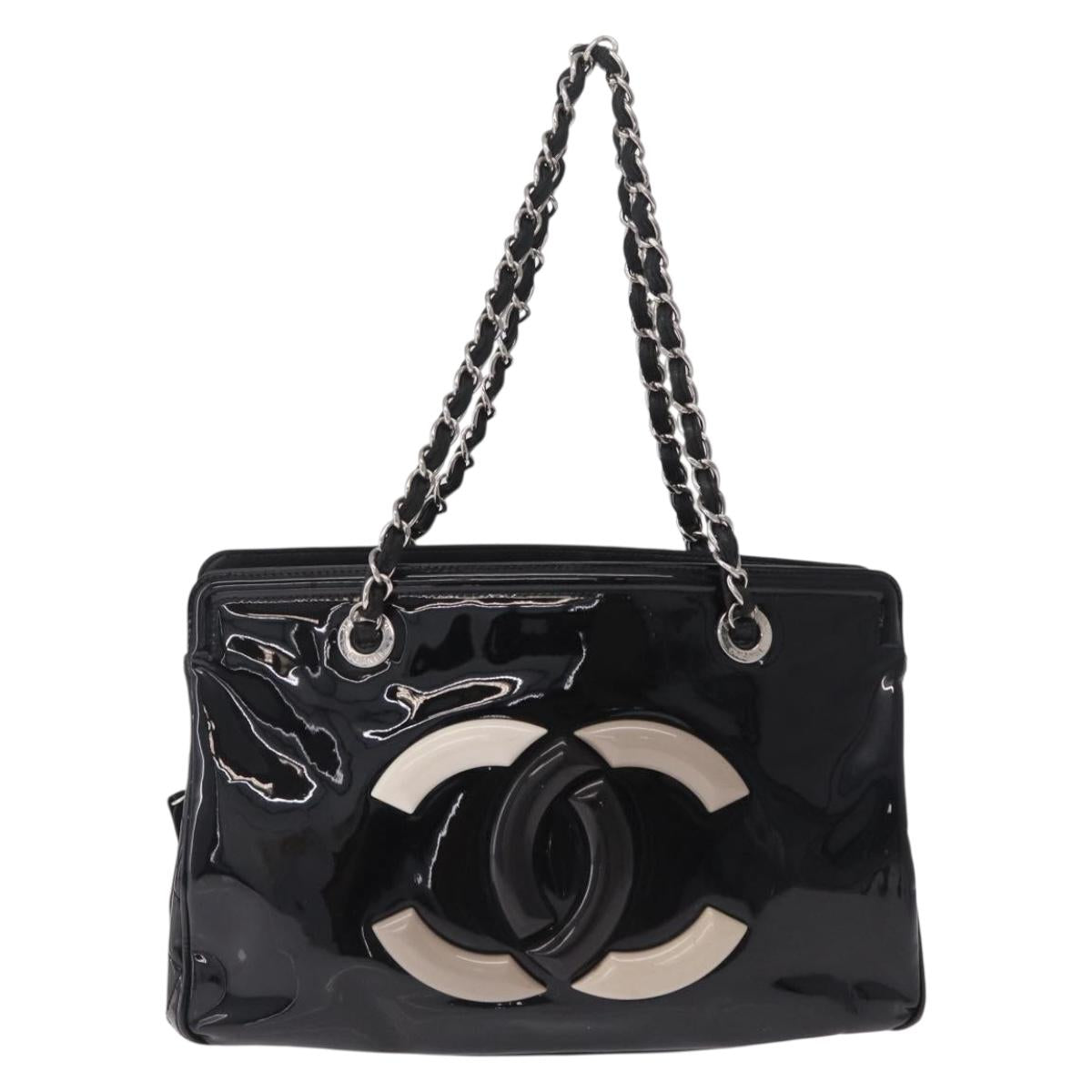 CHANEL Chain Shoulder Bag Patent leather Black Silver CC Auth 213419A