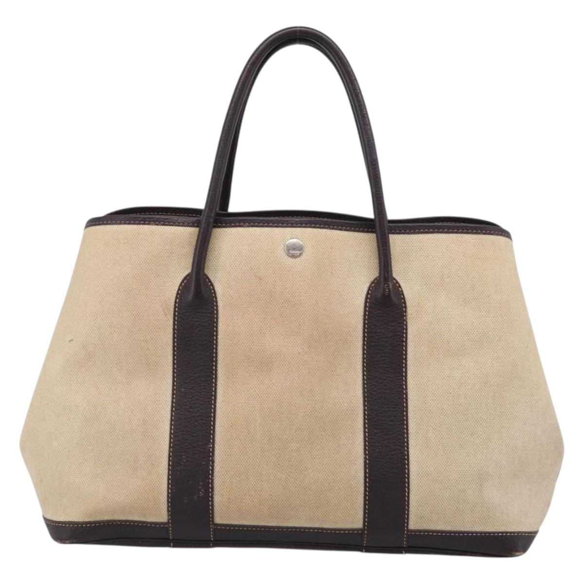 HERMES Garden Party Hand Bag Canvas Beige Silver Auth 213429