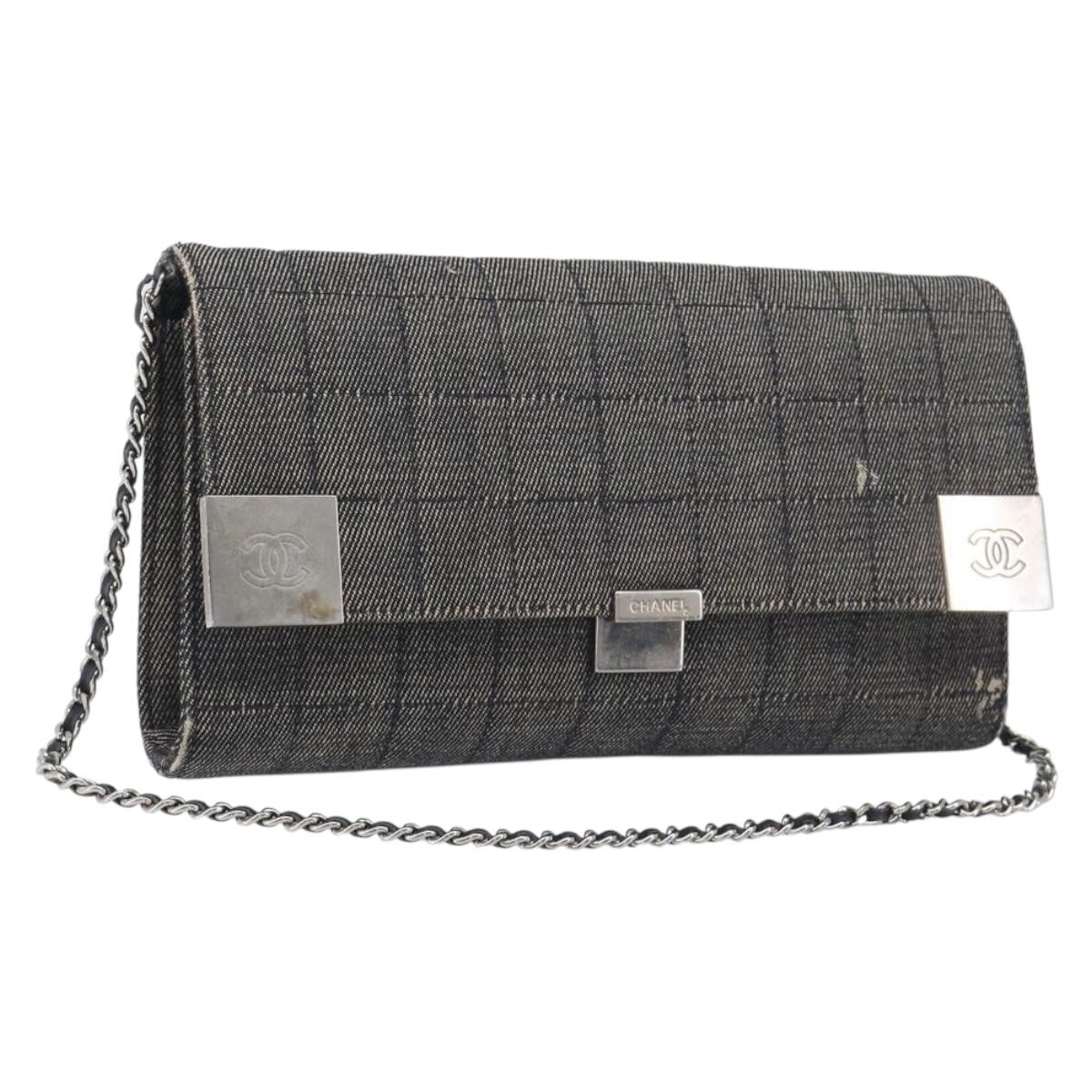 CHANEL Choco Bar Chain Shoulder Bag Canvas Gray Silver CC Auth 213438