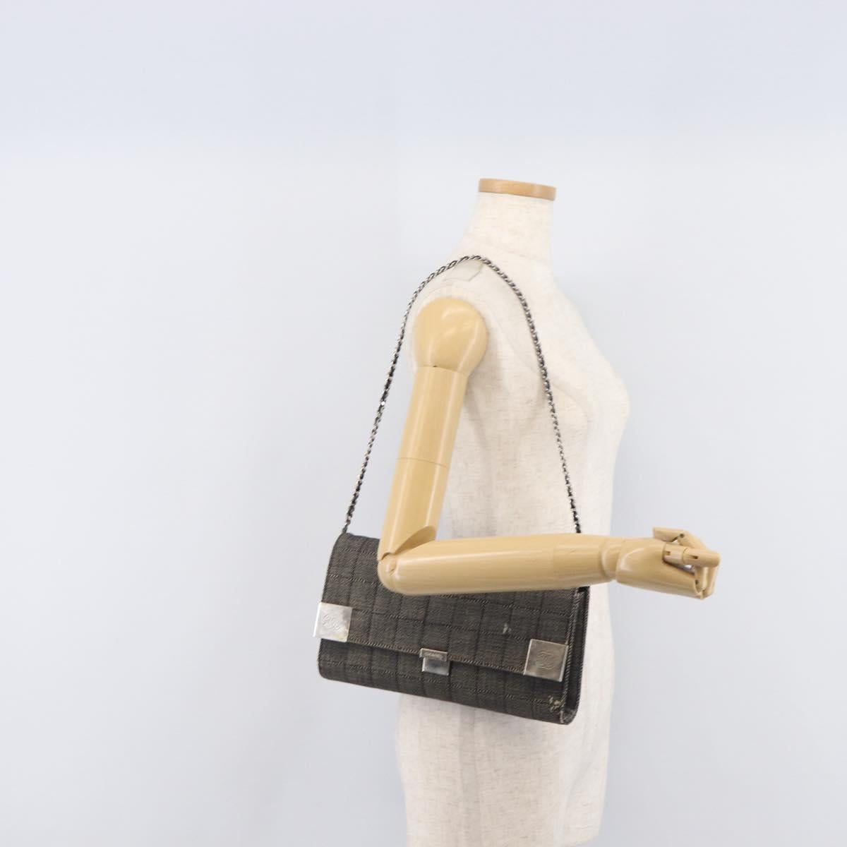 CHANEL Choco Bar Chain Shoulder Bag Canvas Gray Silver CC Auth 213438