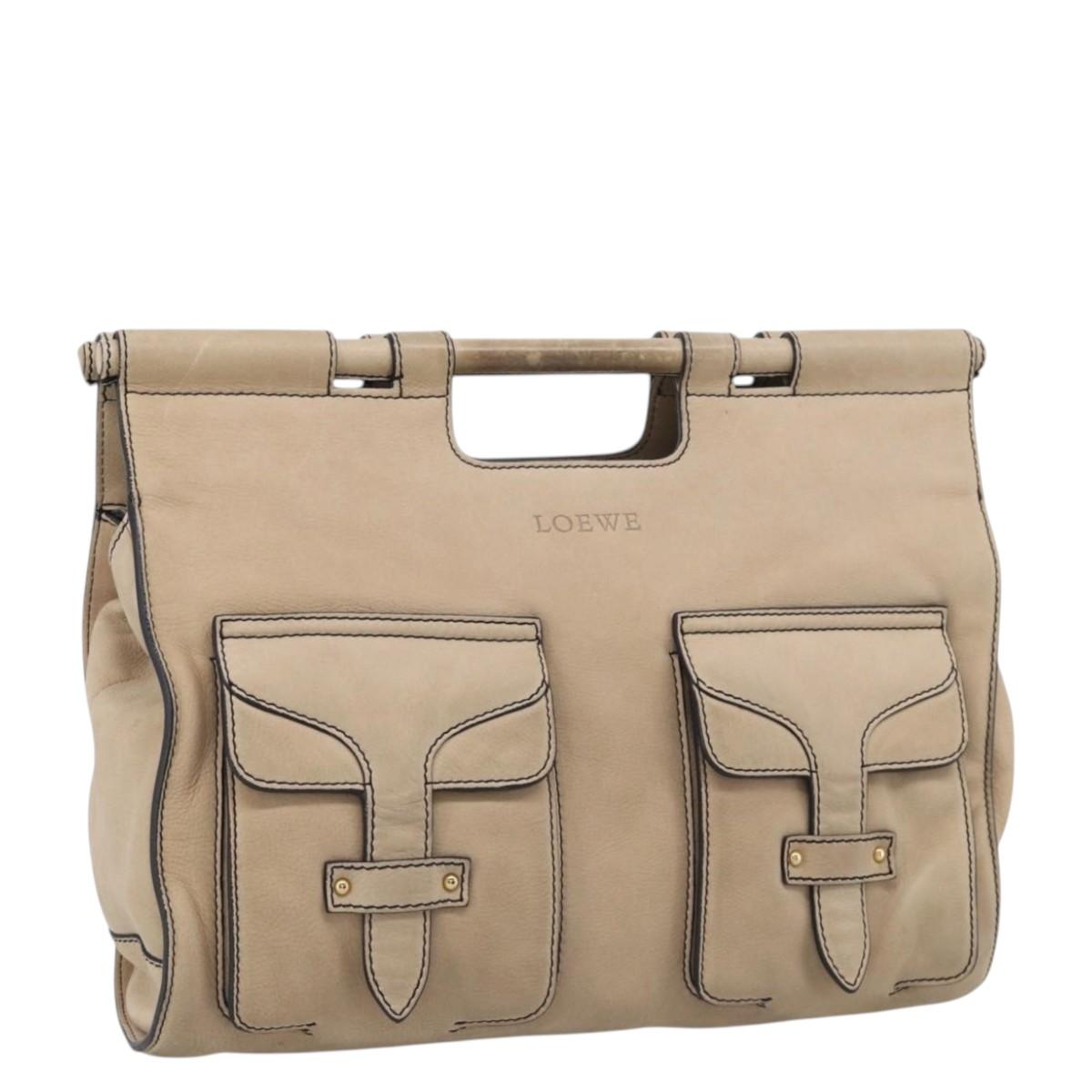 LOEWE Hand Bag Leather Beige Gold Auth 213442