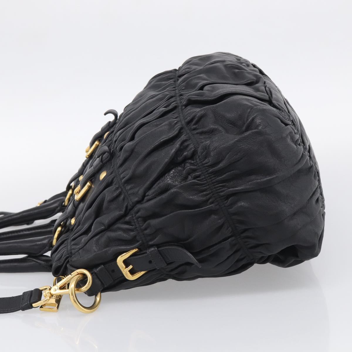 PRADA Gathered Hand Bag Leather 2way Black Gold Auth 213445V